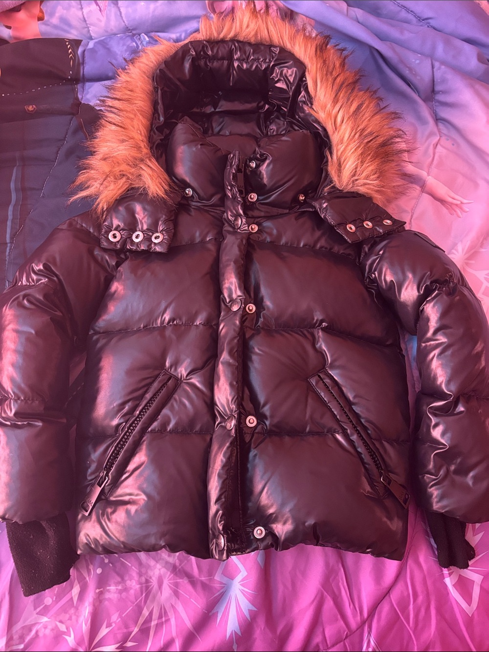 SAM. Black Puffer Jacket with Faux Fur Hood Trim